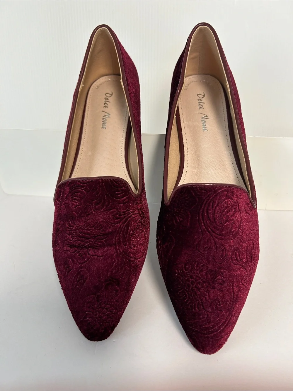 Dolce Nome NWOT “Pico” Leather Burgundy Geometric Embossed Loafers Womens 9